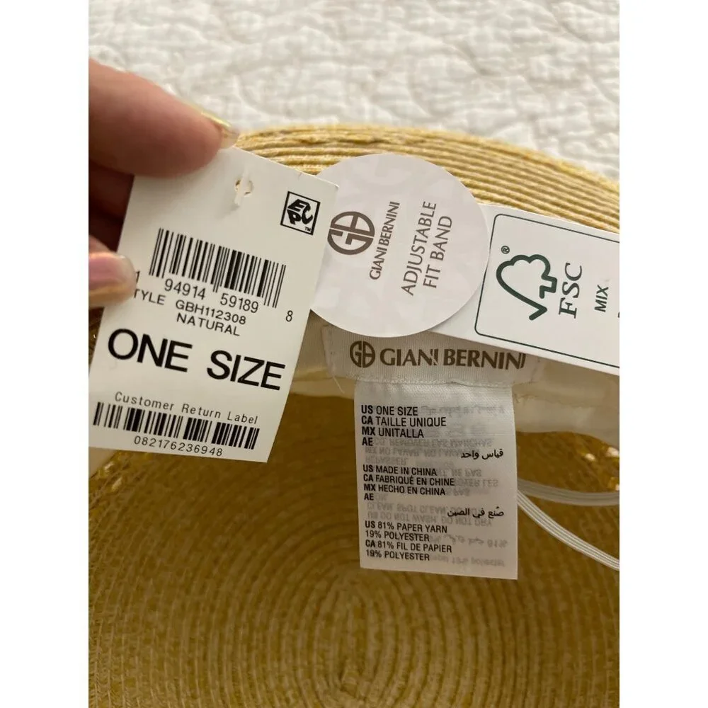NWT Giani Bernini Natural Adjustable Fit Band Straw Hat One Size